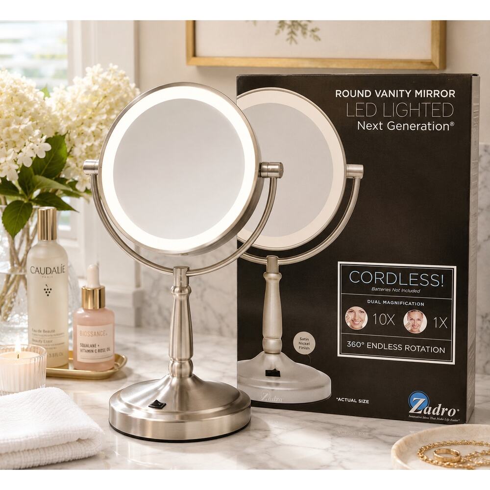 Zadro LED Lighted Cordless Vanity Makeup Mirror 10X 1X Satin Nickel NIB